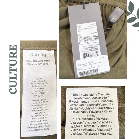 CULTURE CUJosina Satin Viscose Wide-Leg Pants – Olive Green – Size Large - Picture 6 of 6